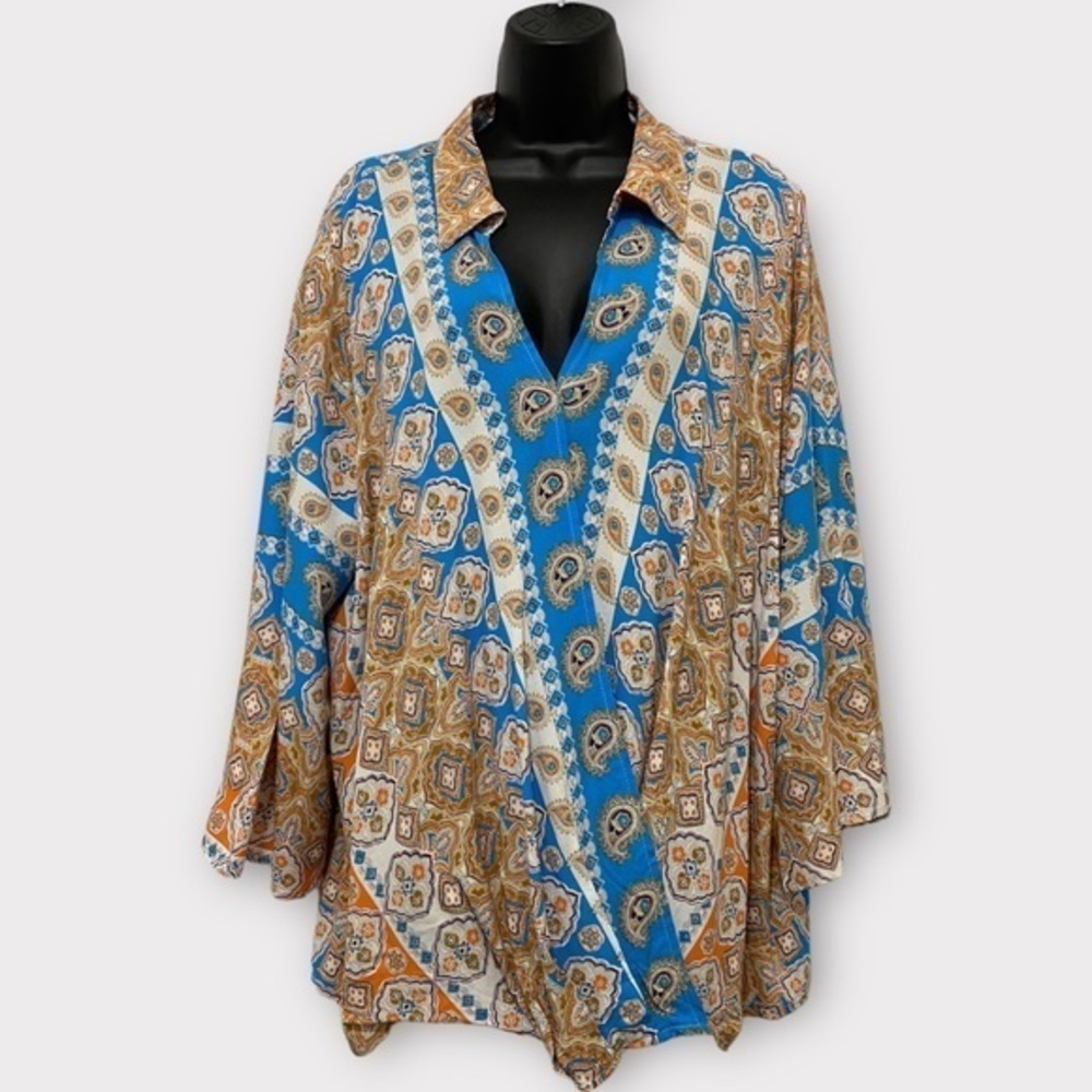 Cato Orange & Blue Multiprint Paisley Faux Wrap Long Sleeve Top Size 18W/20W